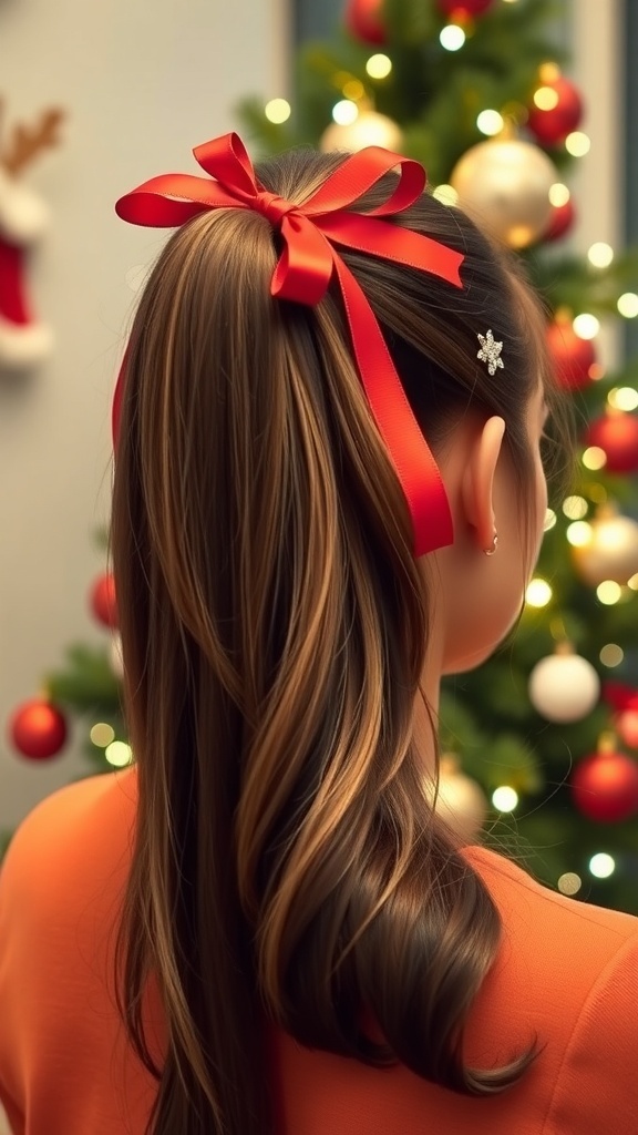A festive ponytail hairstyle with a red ribbon and hair clips, surrounded by Christmas decorations.